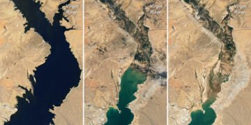 La imagen muestra un detalle del lago Mead y el descenso de sus aguas en 2020, 2021 y 2022. Imagen NASA